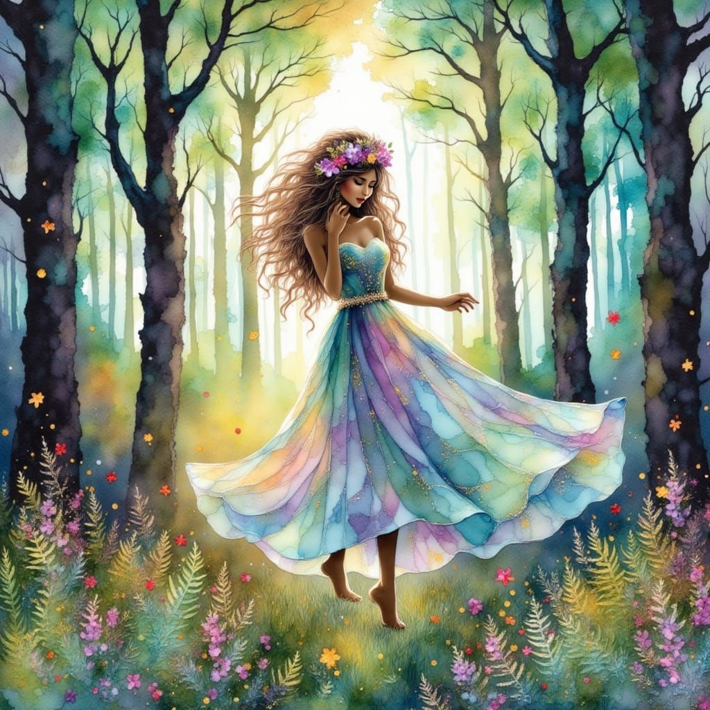  <lora:inks:1.0> whimsical encaustic mixed media collage Alcohol Inks spring pine forest