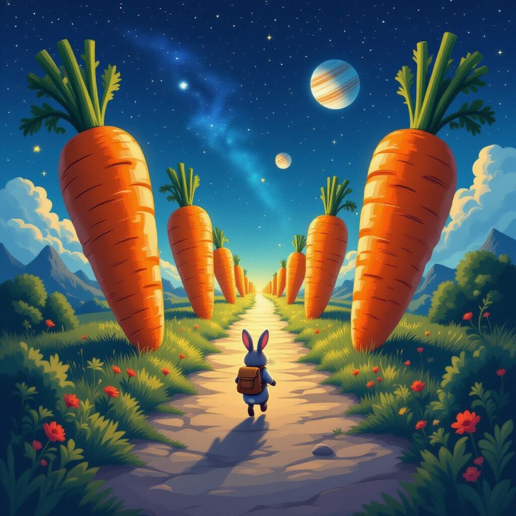 A surreal landscape where giant, floating carrots form a pathway through a starry night sky. A small, determined rabbit with a tiny adventur...