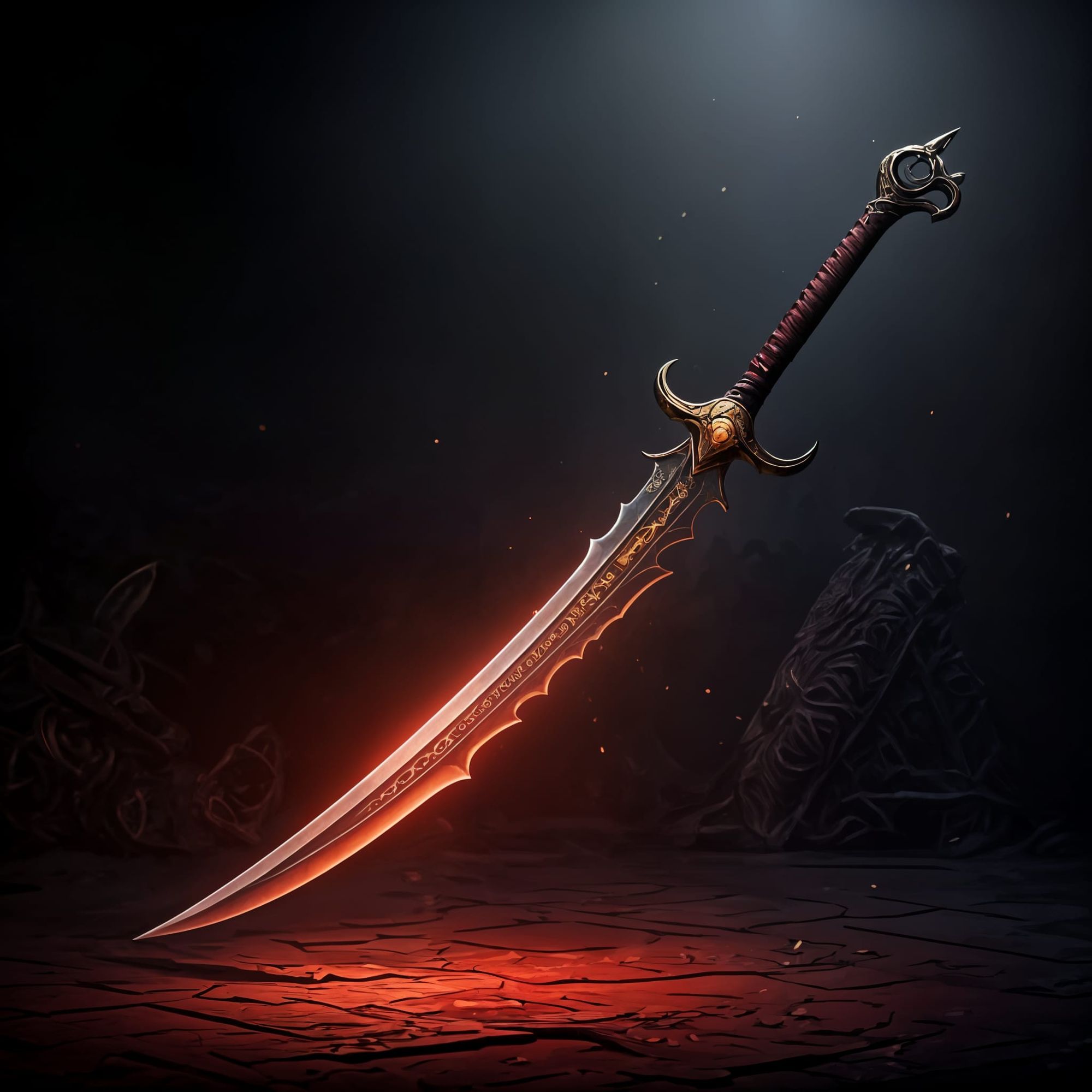 Hell saber, scimitar, family symbols, faint glow of light, dark fantasy, family heirloom