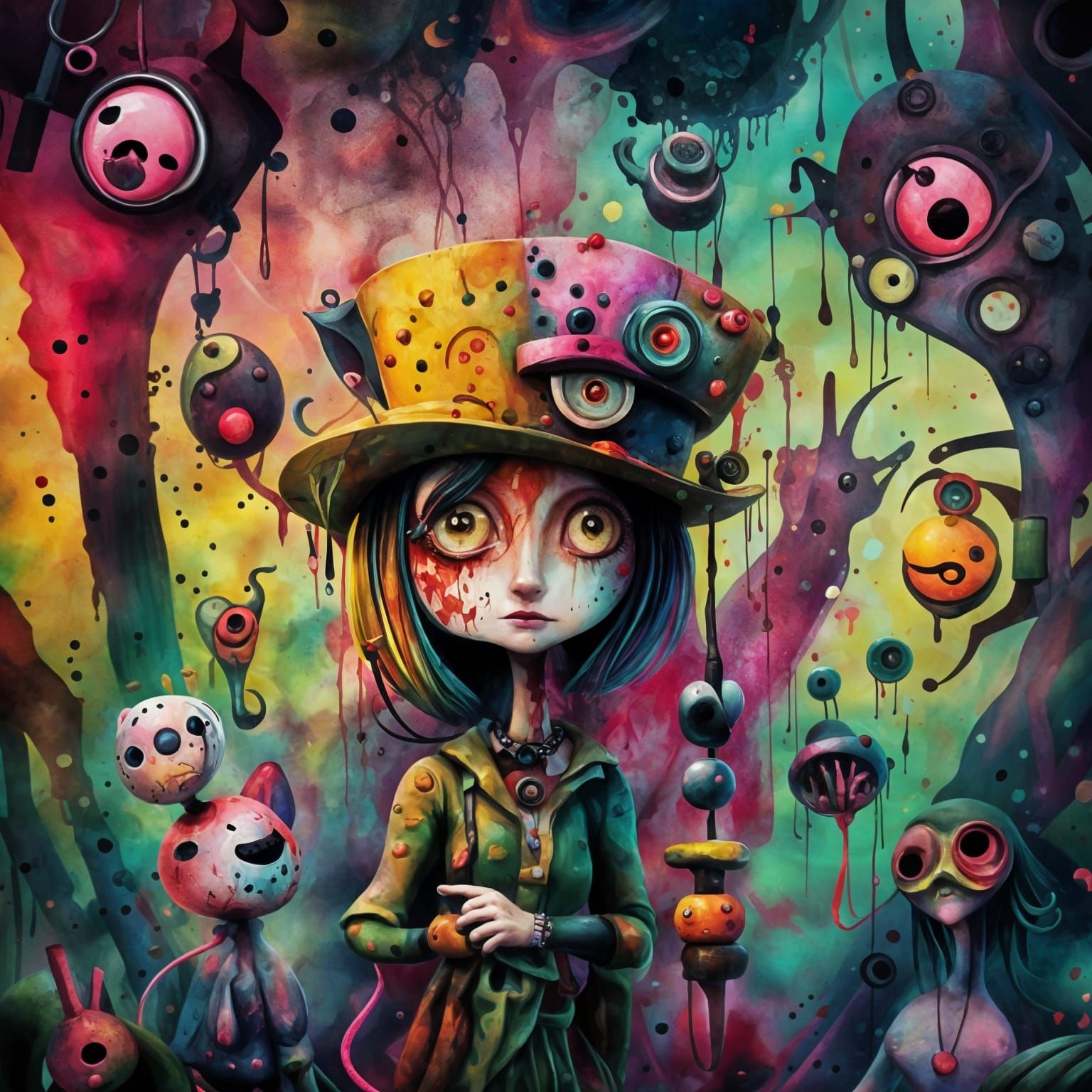 colorful and surreal creepy cartoon-like characters and shap...