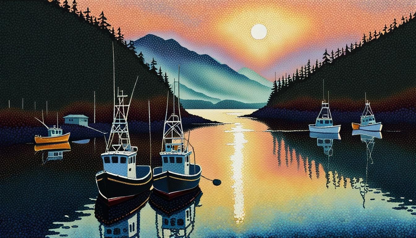 Fishing boats at dawn in an Alaskan inlet. Pointillist style...