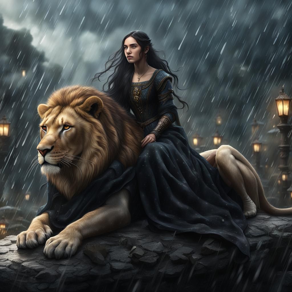 Medieval Girl on Lion in Rain, Fantasy Art