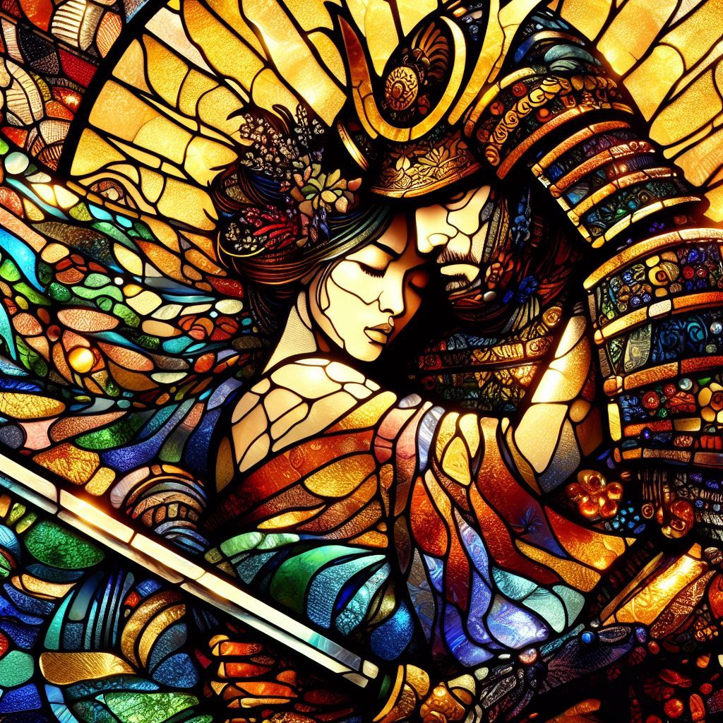 stained glass portrait samurai and geisha