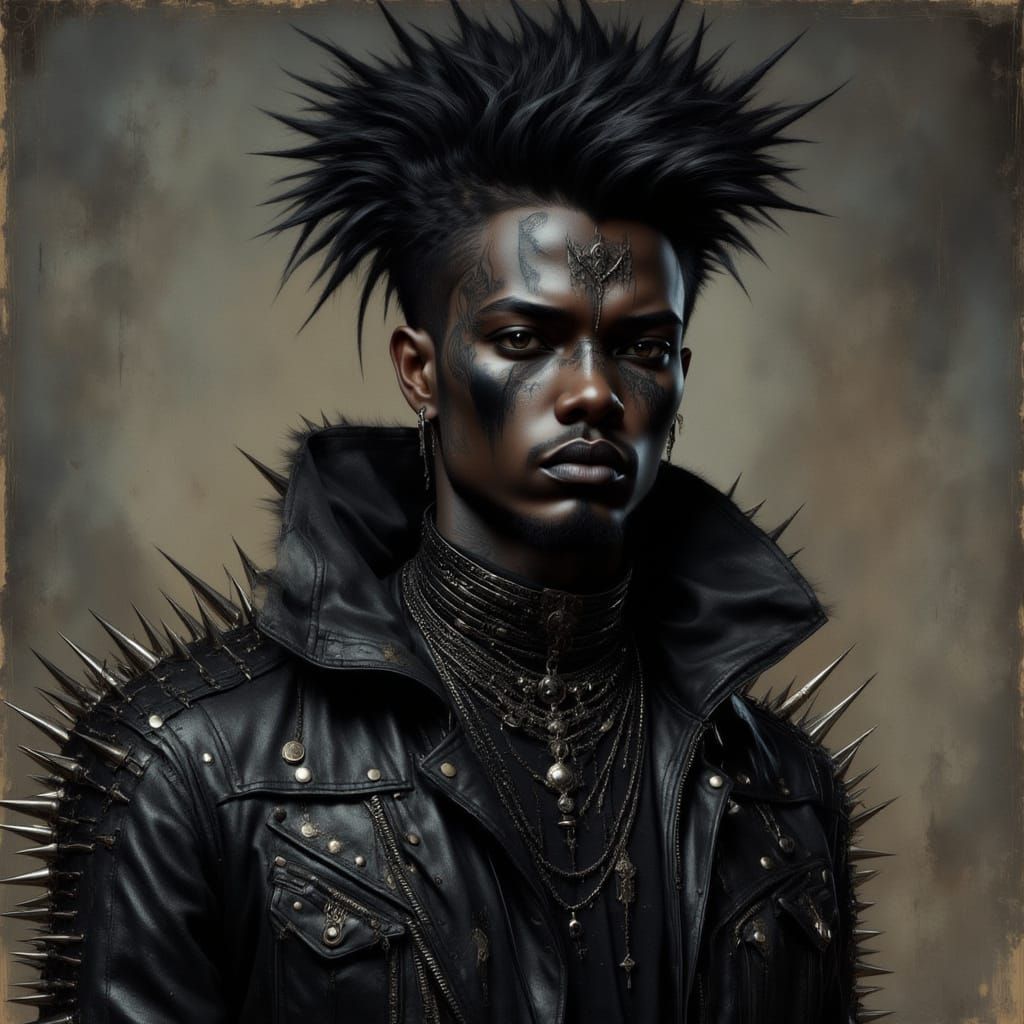 <lora:Metal Intensity:1.0> <lora:Art Nouveau Punk V2:1.0> Metalhead black man renaissance oil artistic painting portrait, natural matte skin...
