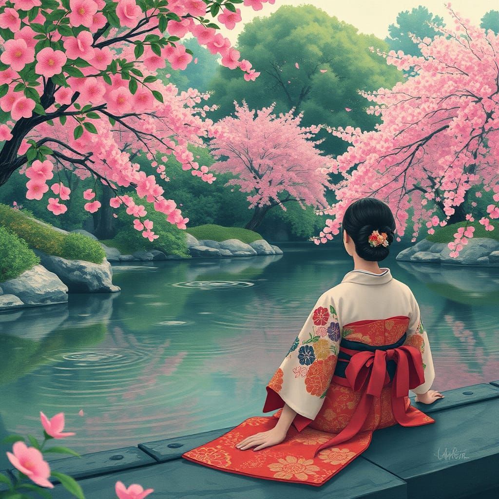 Contemplative Woman in Kimono by Pond, Woodblock Style