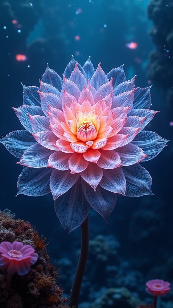 A fractal lotus mandala blooming underwater, kaleidoscopic symmetry formed from coral and jellyfish bioluminescence, radiant neon glow, drea...