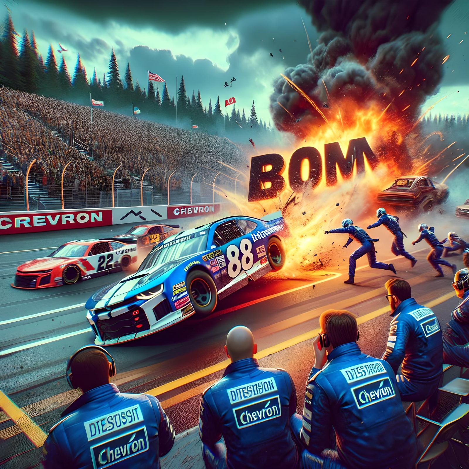 A race car driver racing fast with other race car drivers number 88 and