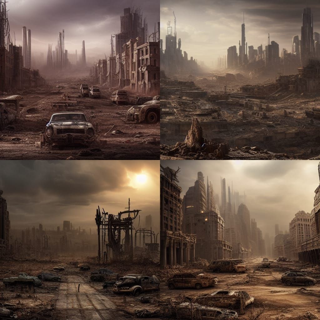 post-apocalyptic wasteland in a ghost city, landscape, 8k, h...
