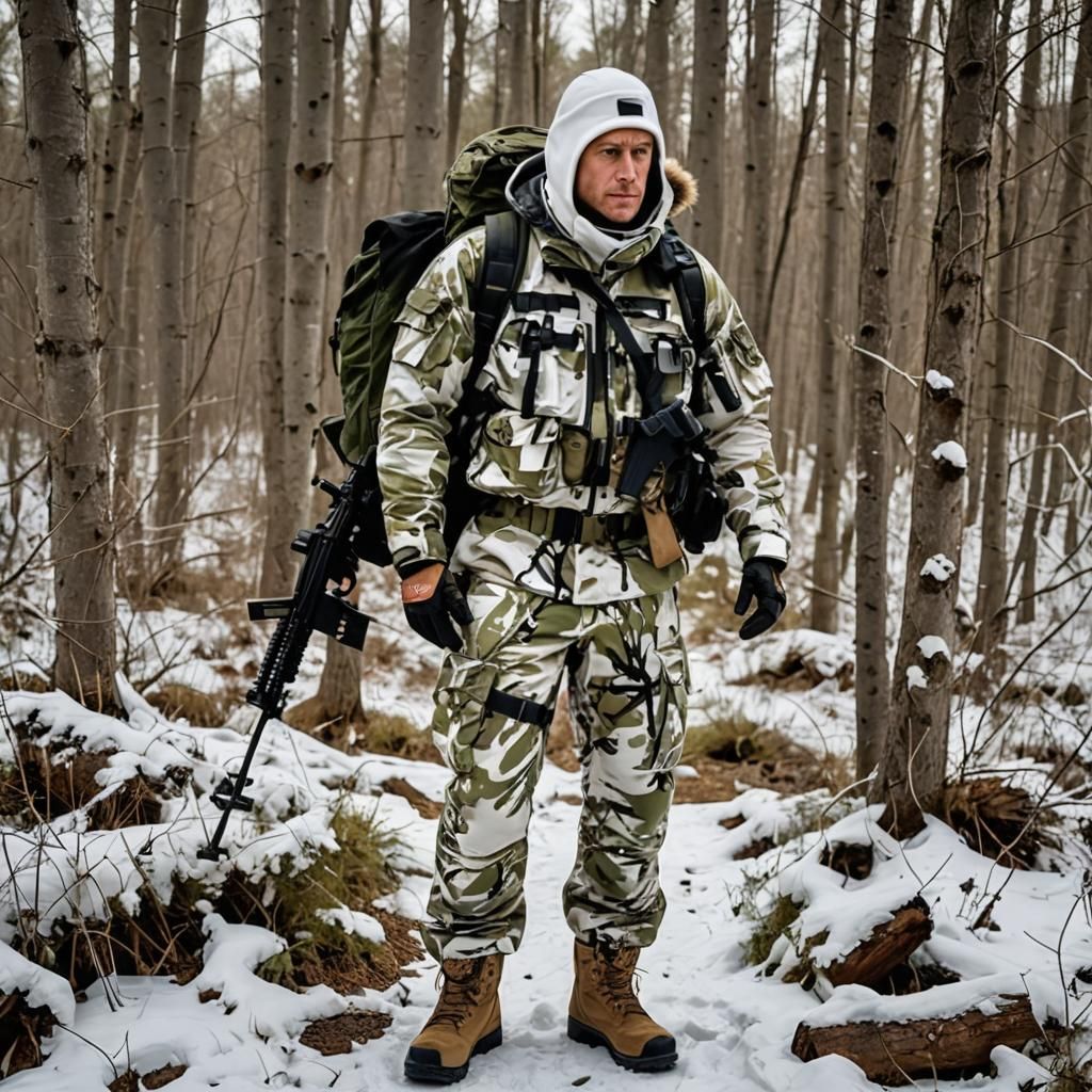 A white man in a recycled white winter camo suit with woodla...