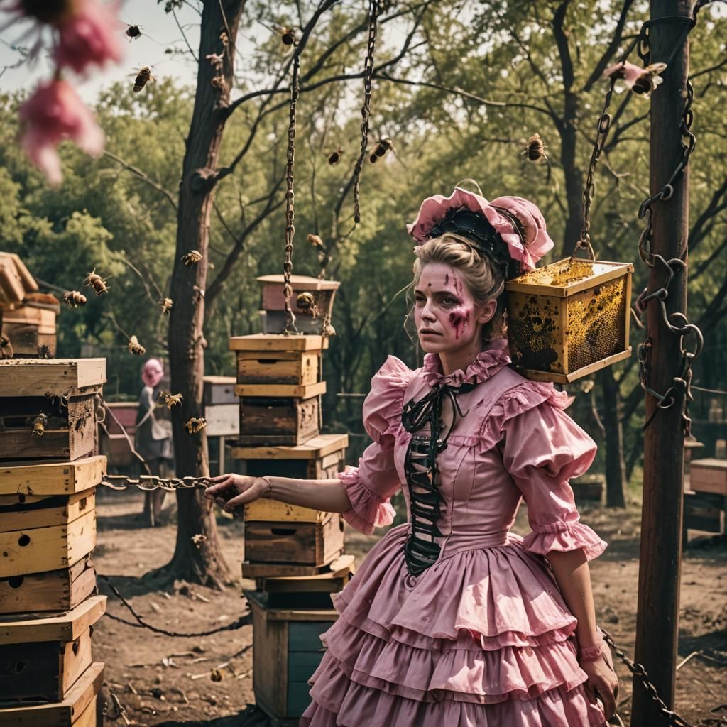 A sissy man dressed in a frilly pink dress smeared with honey is tied by chains to a post surrounded by busy bee hives.