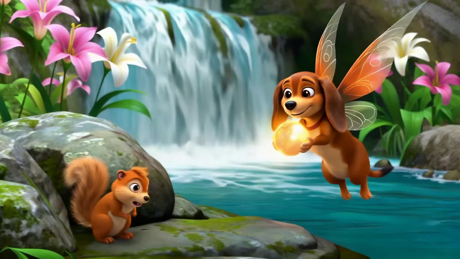 A lively dachshund fairy with a patchwork of earthy-toned fur and energetic, fluttering wings in sunset orange and amber...