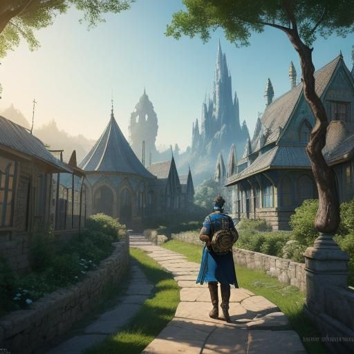 Fantasy Boy in Golden Light with Ornate Houses