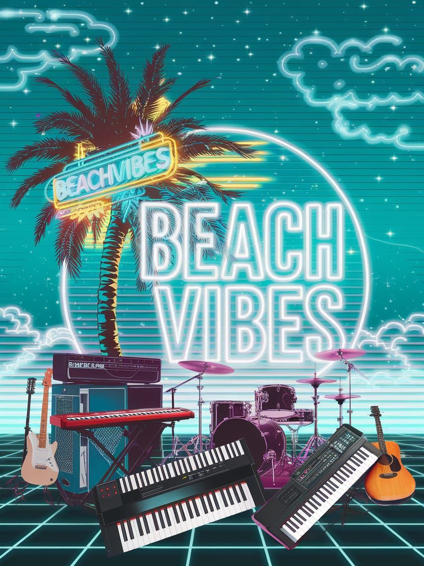 Synthwave pop art poster for a summer music festival “BeachVibes”