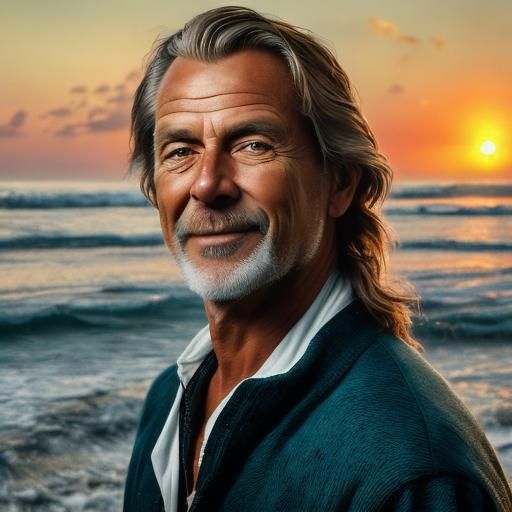 <lora:AJA2405:1.0> Portrait of , very handsome man in his early fifties. Headshot. His hair long, sun bleached, he's a surfer type. The ocea...