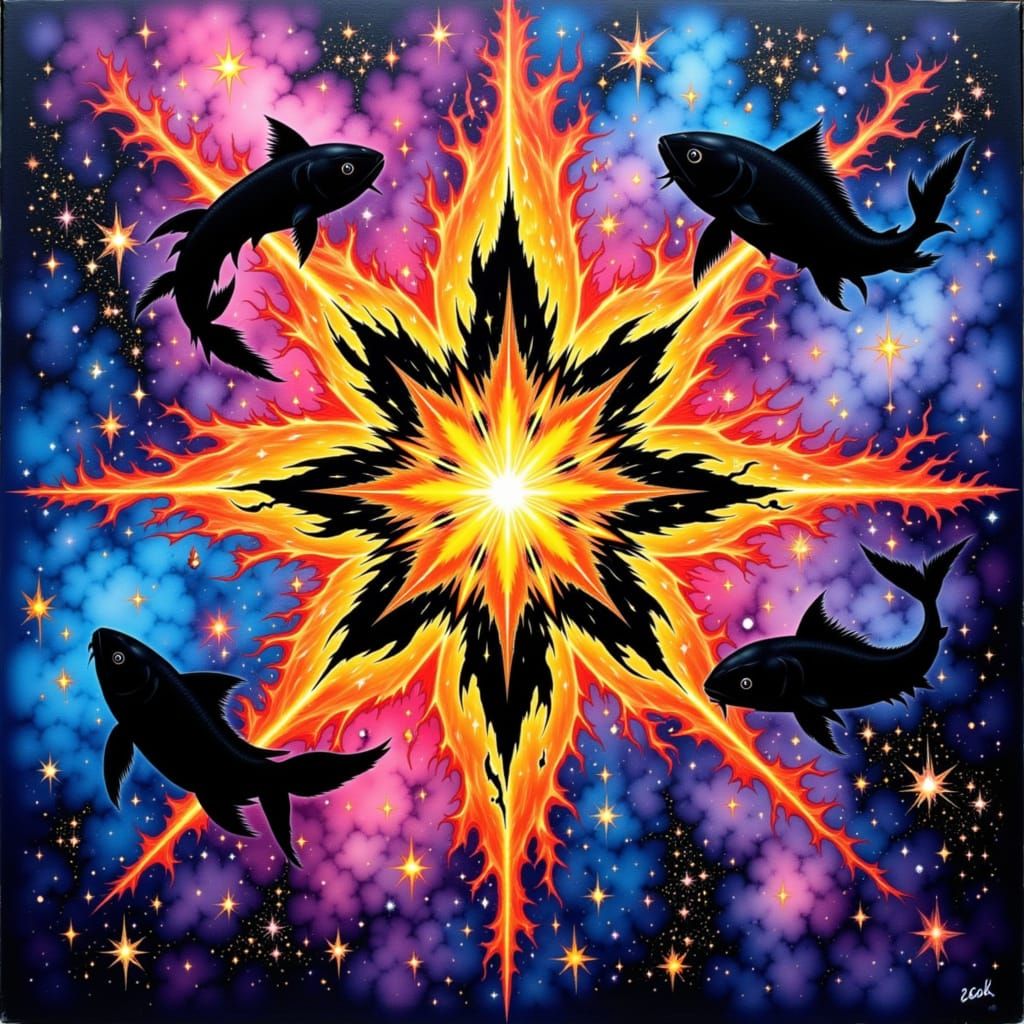 <lora:OrangeCircuit Oracle:1.0> <lora:Golden Twilight:1.0> <lora:You Are A Star:1.0> <lora:The Fire of Red:1.0> Black silhouettes of fish ag...