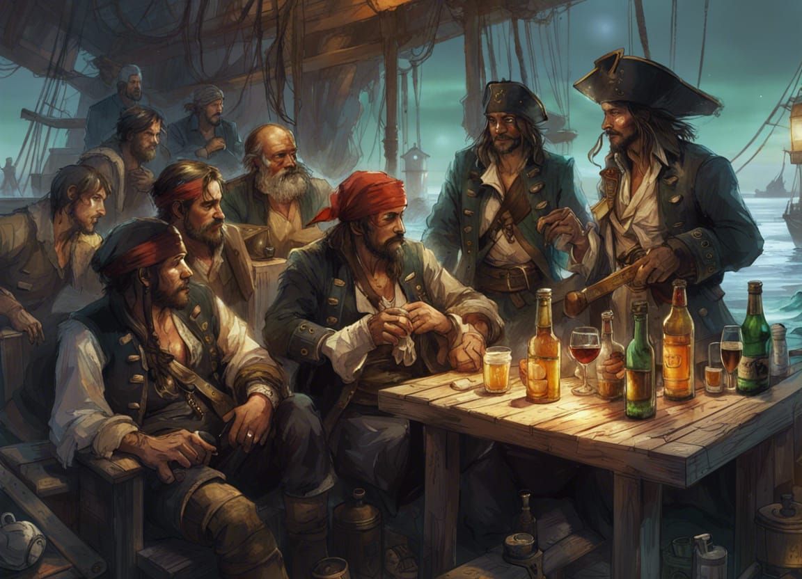 pirates enjoy a party drinking beer, ship at the seashore, northern ...