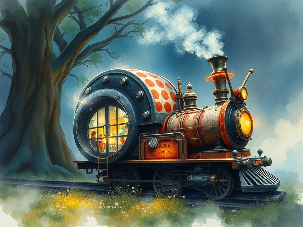 steampunk train as a snail ; Fantasycore D&D ambiance, special effects, arcane magic, Digital watercolor ...  by @Didier B