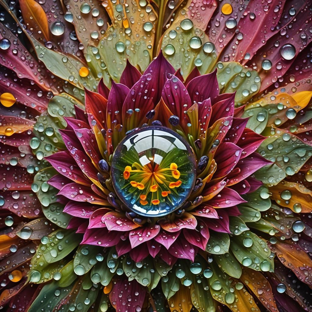 In dawn's tender light, a spectacle unfolds,
Dew drops glisten on ornate flower petals bold.  by @MoiX