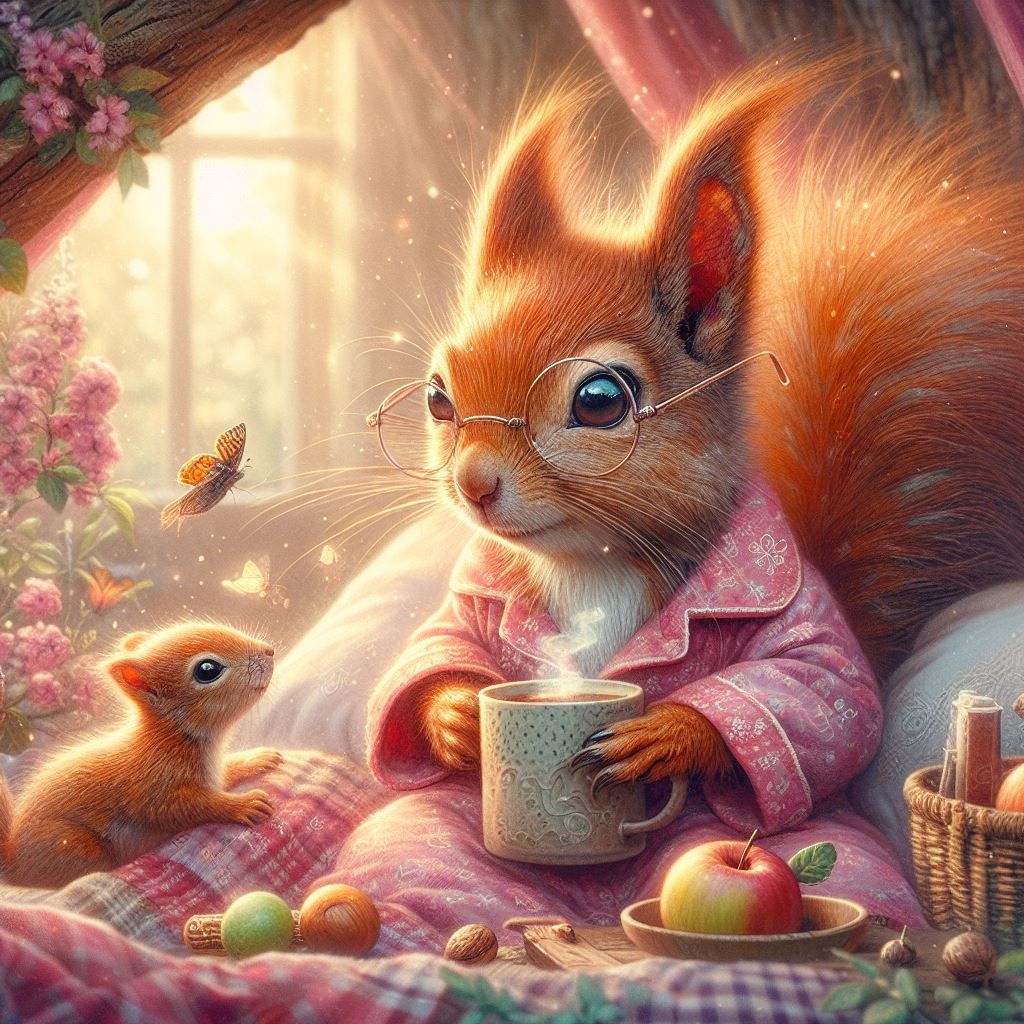 Cute Red Squirrel and baby squirrel in pj's