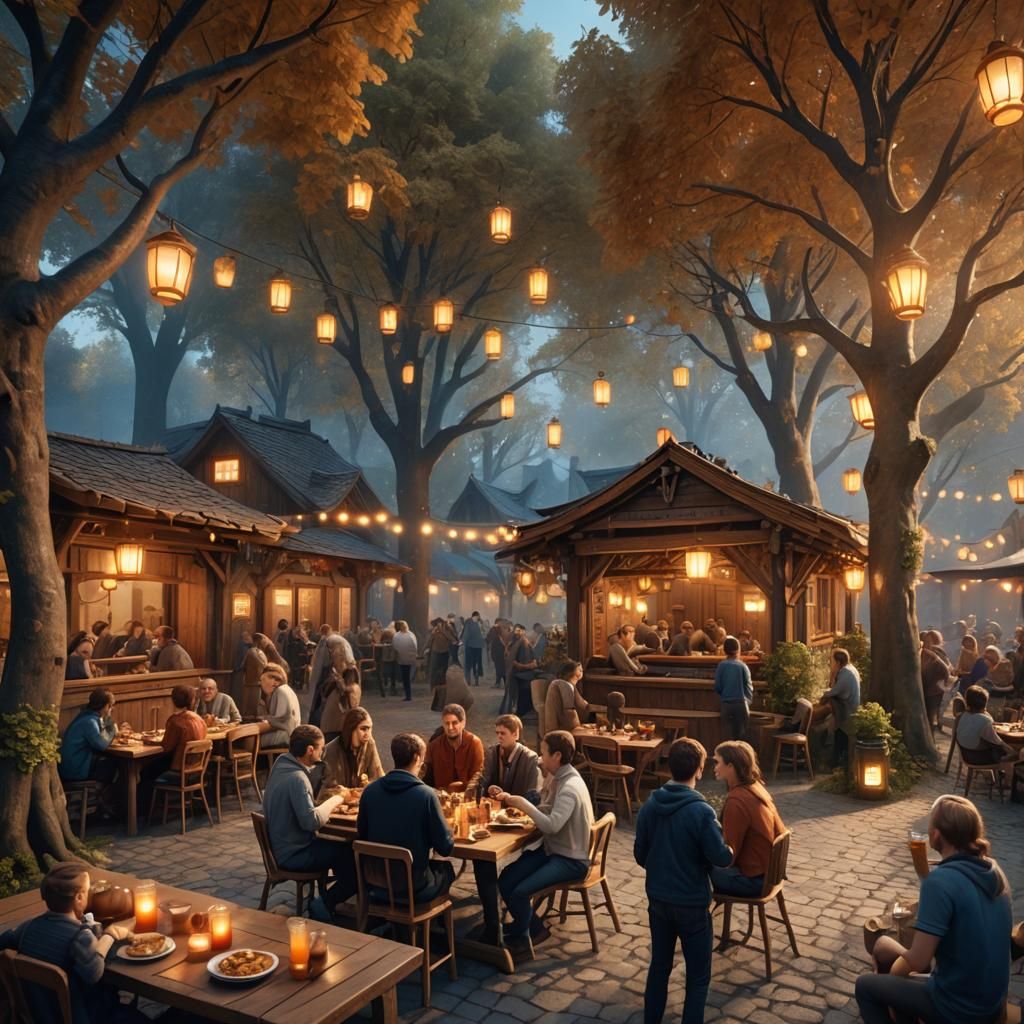 A cozy beer garden scene with people enjoying pretzels and m...