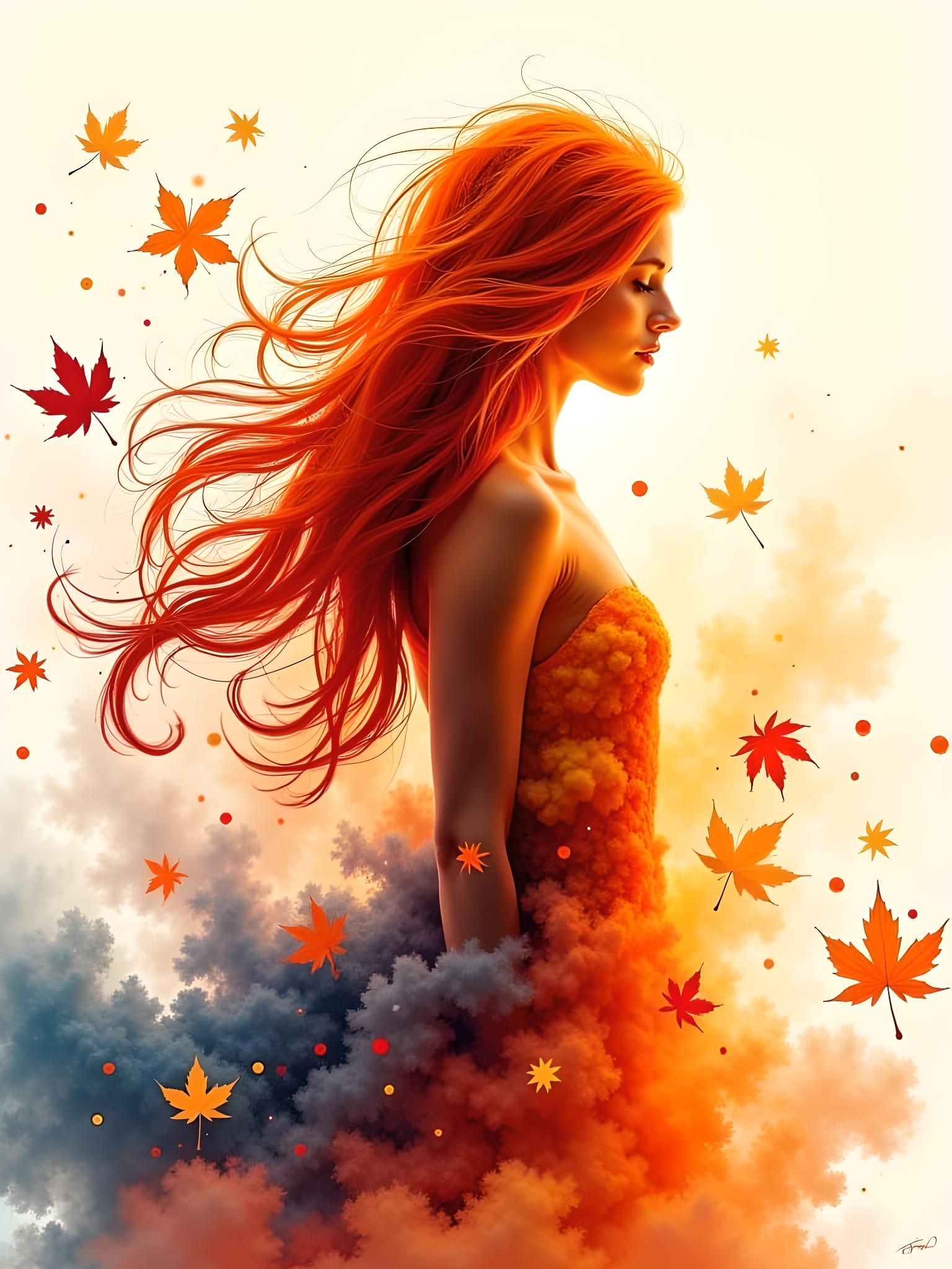 watercolor style, silhouette  of a beautiful ginger lady with ultra long hair in an autumn scenery, double exposure, crisp lines, double exp...