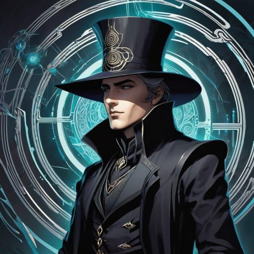 A cyberpunk older man at age 34 thick black 🖤 hair and beard stubble bright blue eyes 🔵  👀 smug grin cybernetic clothing one blind roboti...