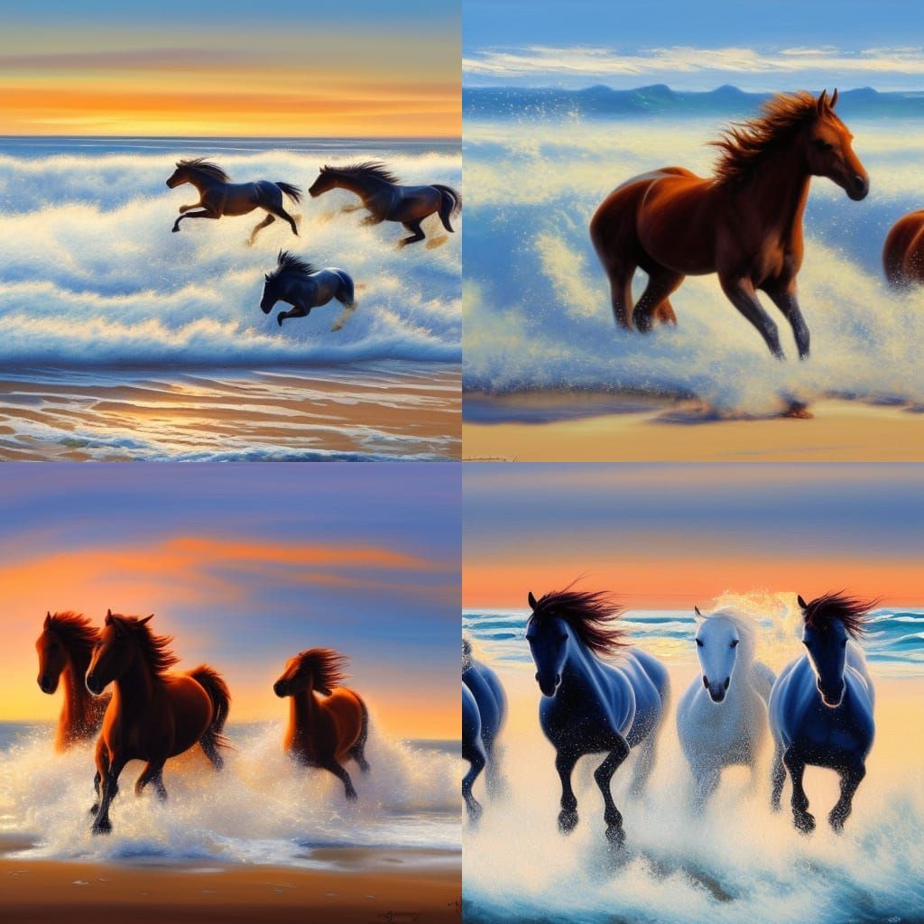 Wild horses running on a beach at sunset, waves, ocean, movement