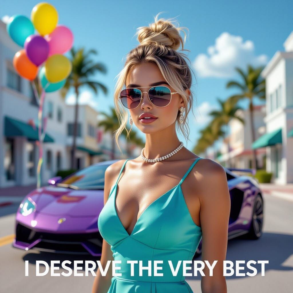 Woman in Turquoise Dress with Purple Sports Car in Miami