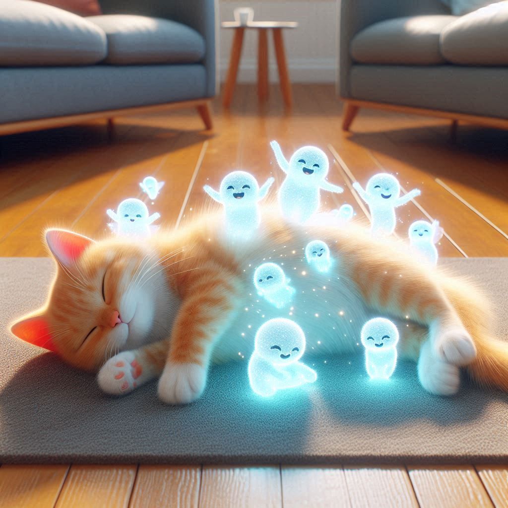 Sleeping kitty and playful sprites