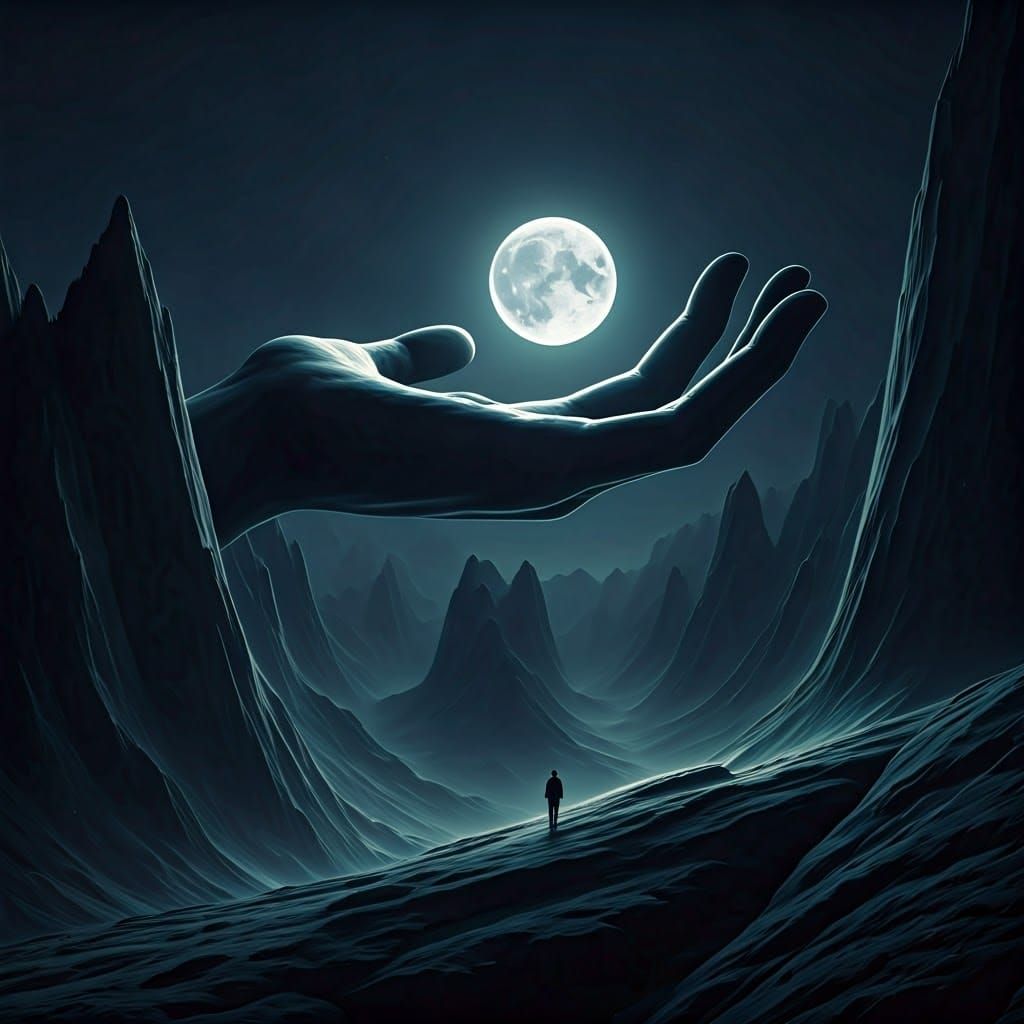 Surreal Moonlit Hand Cradles Celestial Body in a Futuristic ...