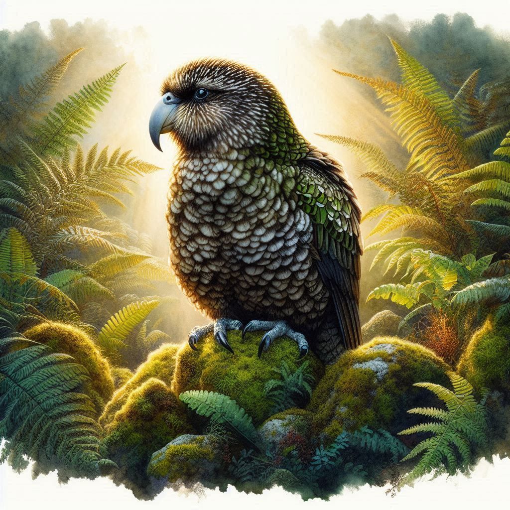 kakapo perched on a mossy rock