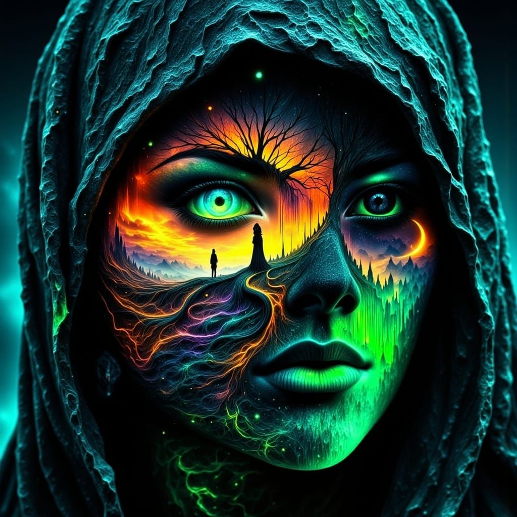 Ethereal Woman in Neon Hooddress, Surreal Dreamscape