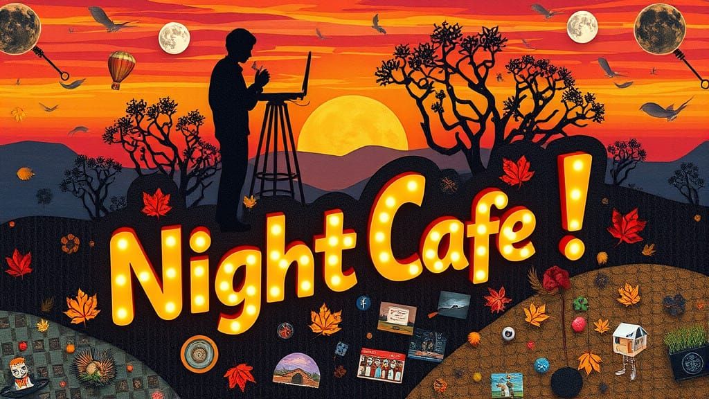 ""NightCafe!" in bold, playful, 3D-rendered text,Fall Paper Collage Art 8K digital artwork by Amanda ...  by @blenta
