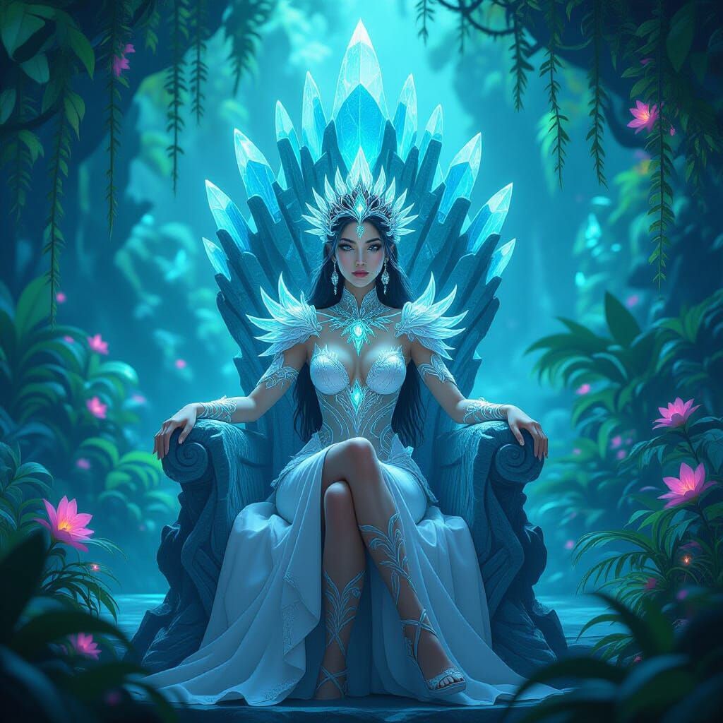 Majestic Queen on Crystal Throne in Alien Jungle