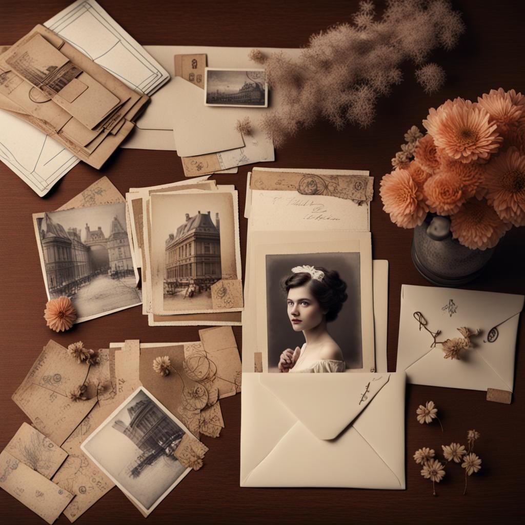 old photo of a beautiful woman, old postcards of Paris on a table, envelopes, letters, letter box with ...  by @EB