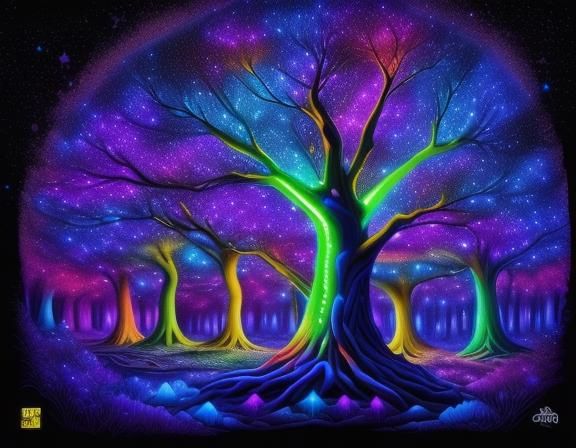 <lora:Neon Glow:1.0> A many colored fantastical forest with glowing galaxy sky