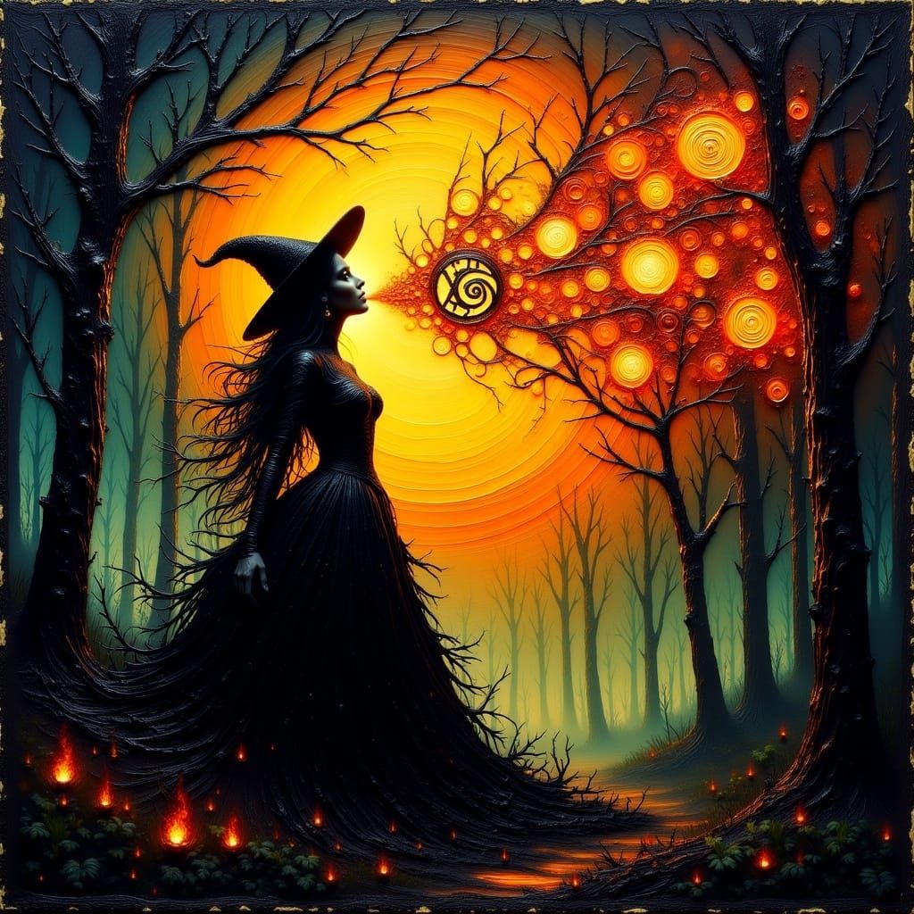 <lora:EncausticTextures:1.0> Moody encaustic painting of dark fantastical forest at night, witch silhouette spitting fiery glowing runic wor...