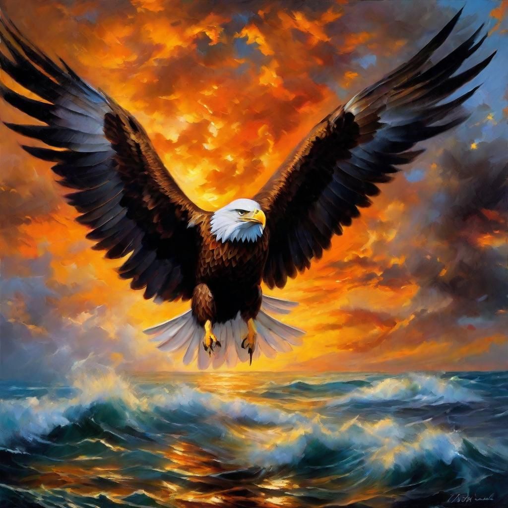 Eagle Soaring Through Stormy Sky as Oil Painting