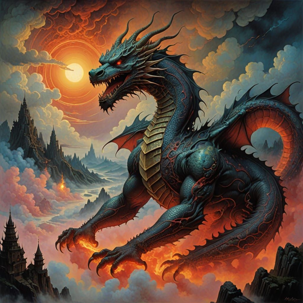 Majestic Ruby Dragon Soars Through Mystical Skies