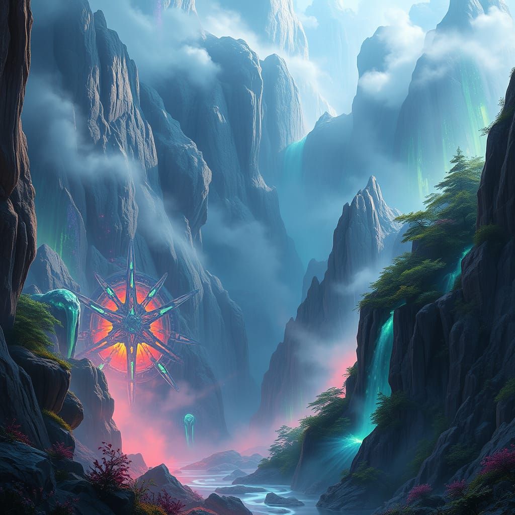 Mystical Canyon with Iridescent Crystals