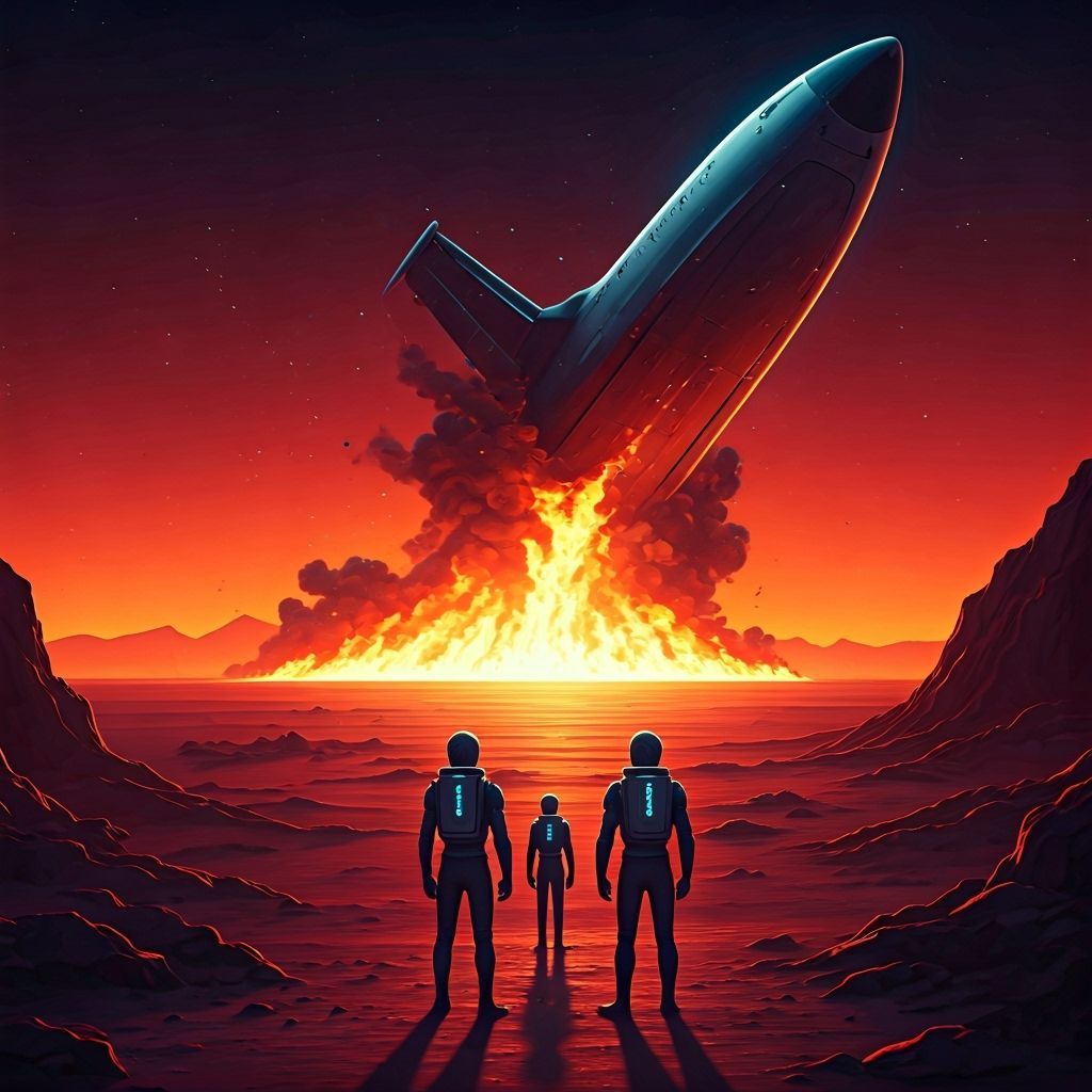 Martians witnessing a Spacex Starship crash landing in front of them.