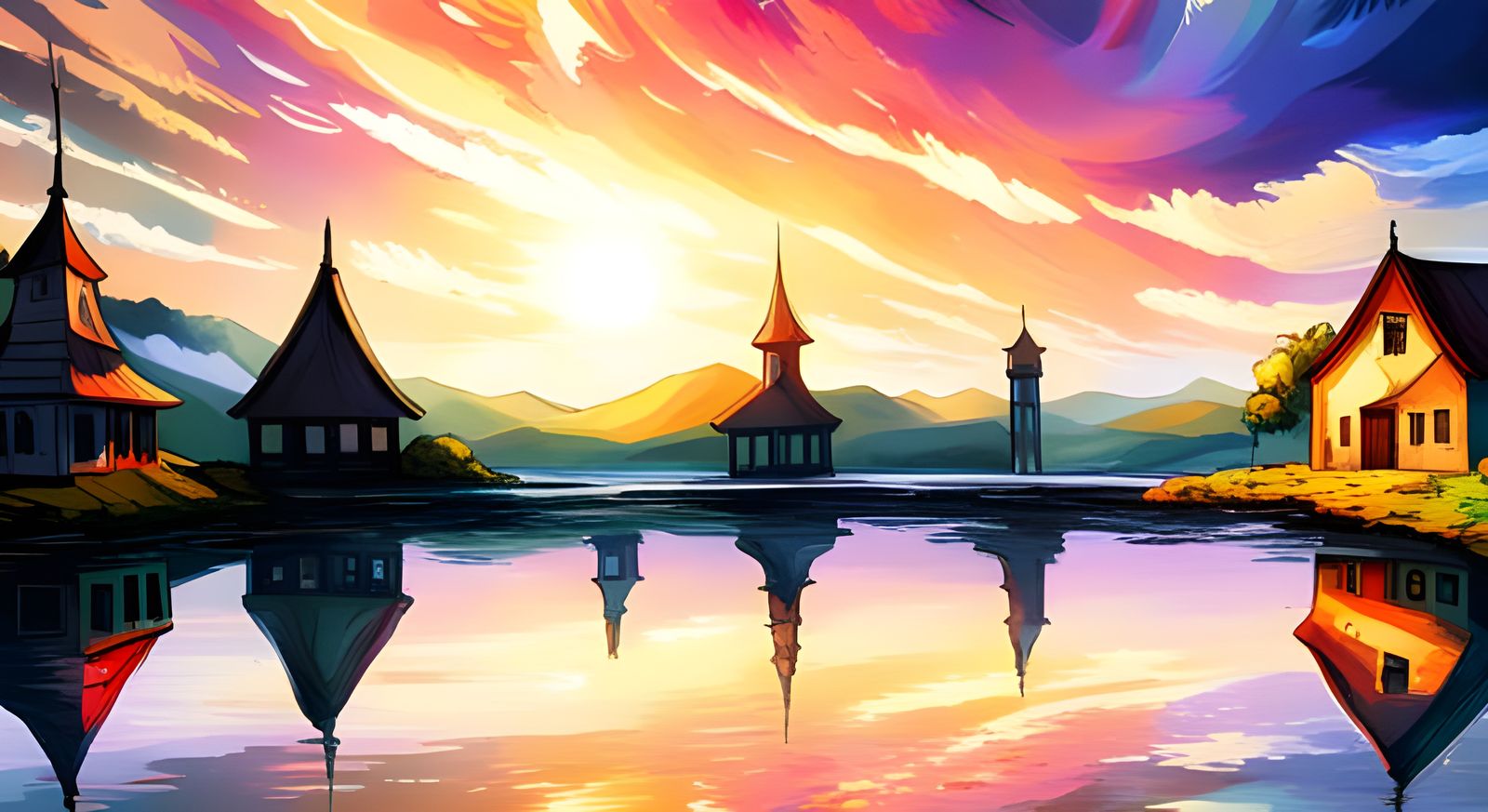 Rainbow Reflection Towards a Lakeshore Town (SDXL)