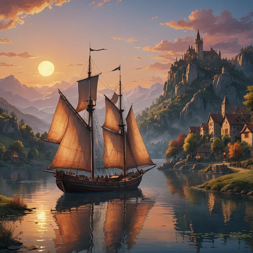 A beautiful 15th century sailboat on a lake at dusk. Bright colors. Beautiful lighting. A town sits on ...  by @POP WIZARD