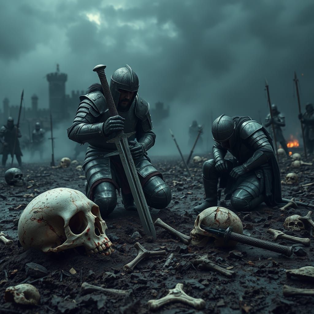 Dark cinematic medieval battlefield. A weary armored knight ...