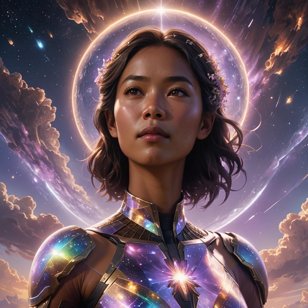 Holographic Filipina Portrait in Celestial Art Nouveau Style