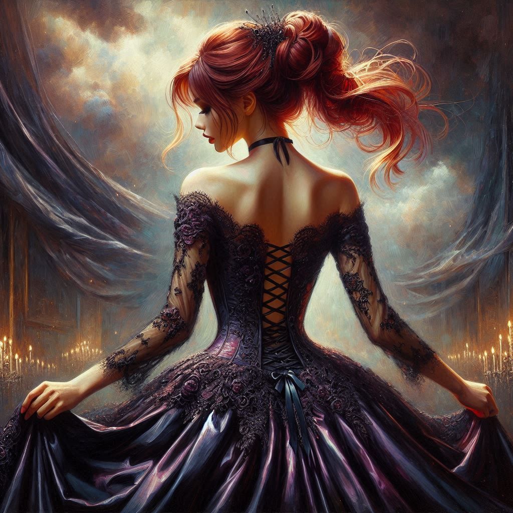 "My red hair’s pinned high on my head, with only a few stran...