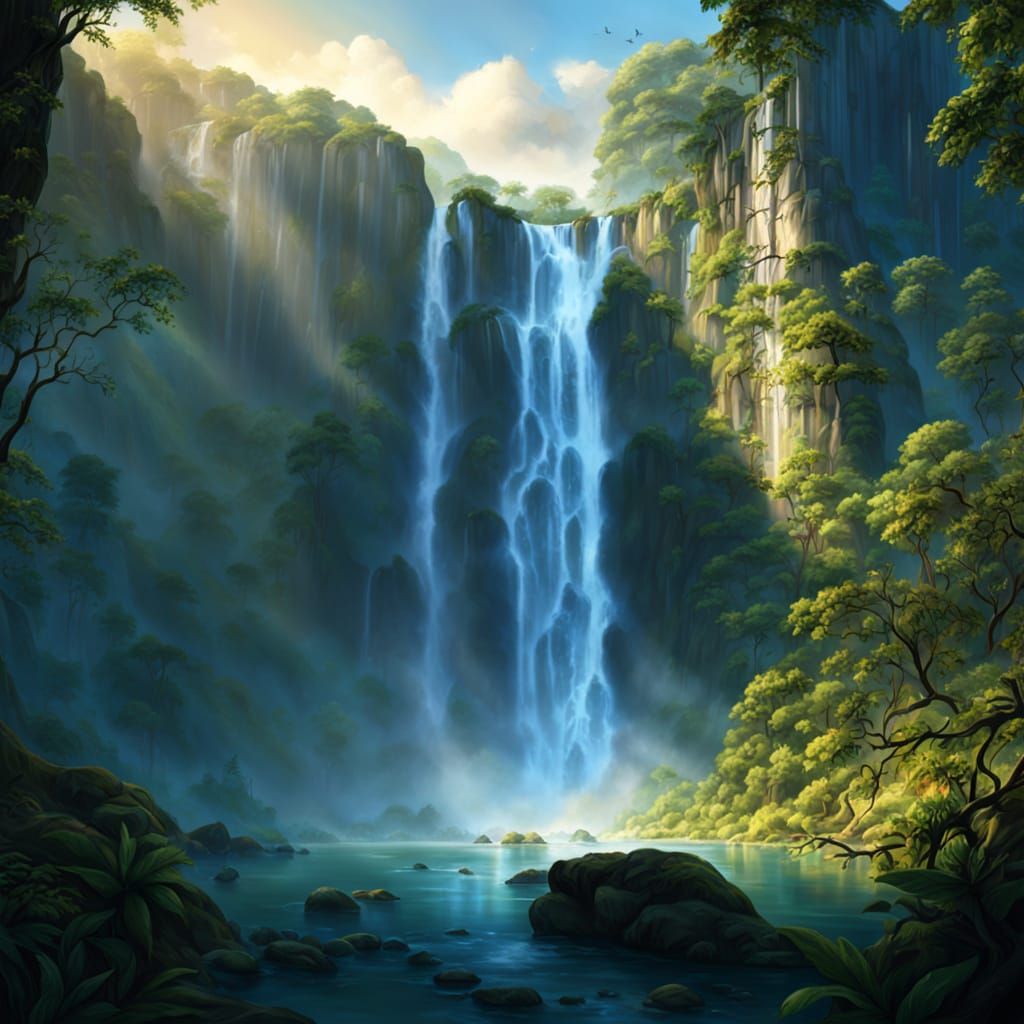 Breathtaking Waterfall in Lush Jungle, Golden Hour