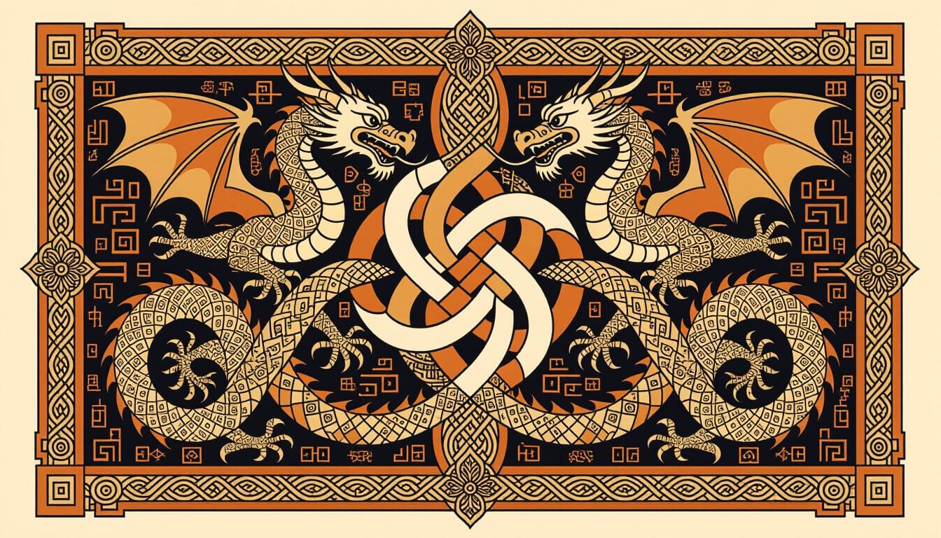 Blend of Neo-Celtic Knotwork Incorporating East Asian Heraldic Dragons  by @undefined