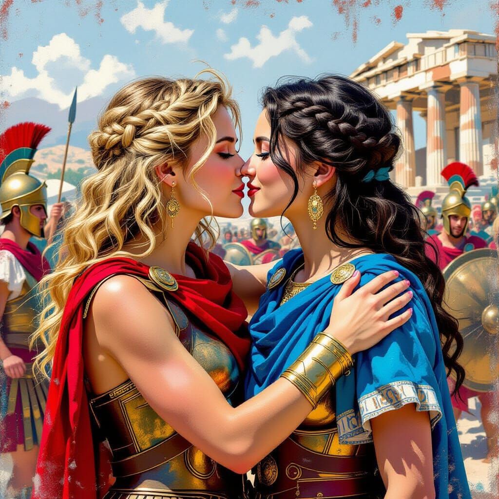 Ancient Greek Warrior Women Embrace in Graffiti Art Style