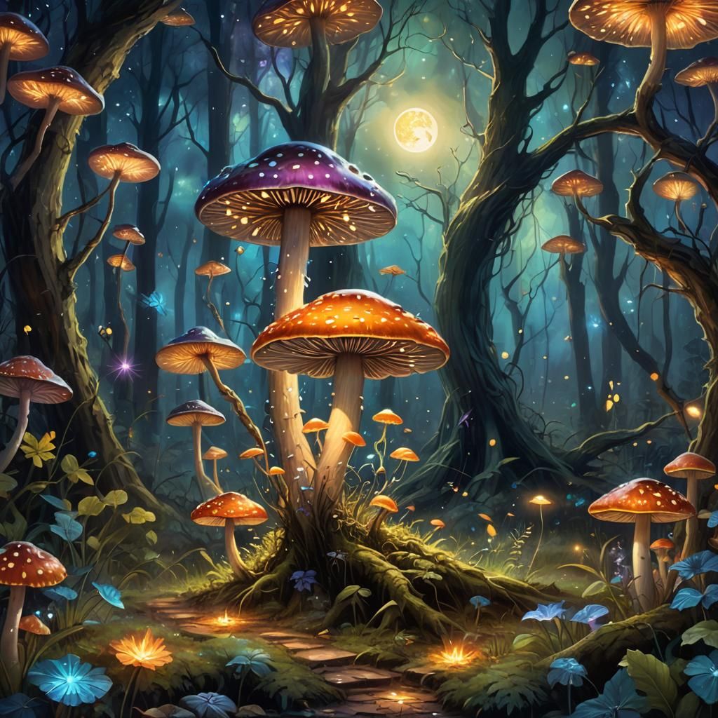 Iridescent Mushroom in Magical Forest, Vibrant Oil Painting